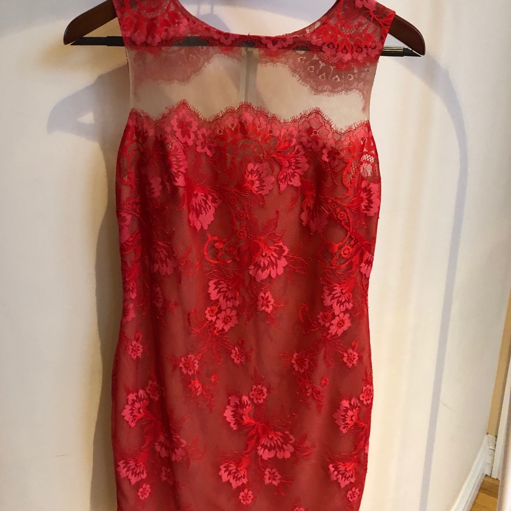 Marchesa Lace Pink, Red, & Nude Cocktail Dress